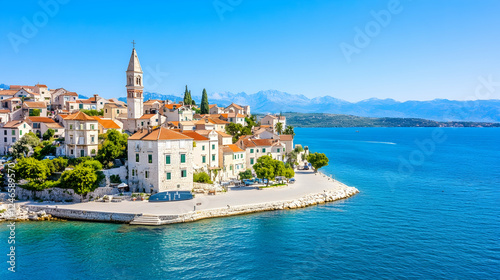Wallpaper Mural Picturesque coastal town with church steeple, waterfront walkway, and mountains in background. Perfect for travel or tourism promotion Torontodigital.ca