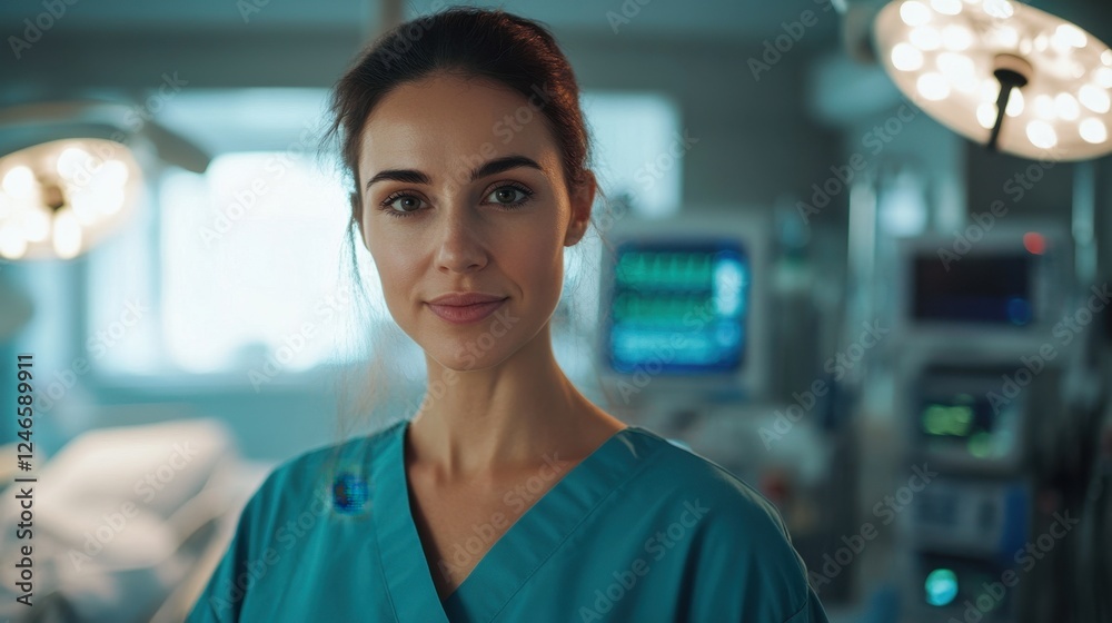 Fototapeta premium A confident female nurse stands in a hospital setting, wearing blue scrubs. This portrait captures her dedication and professionalism in healthcare and patient care.