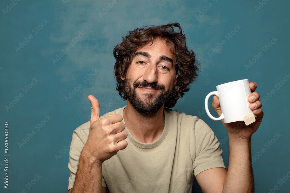 young adult bearded man with a tea mug young adult bearded man with a tea mug