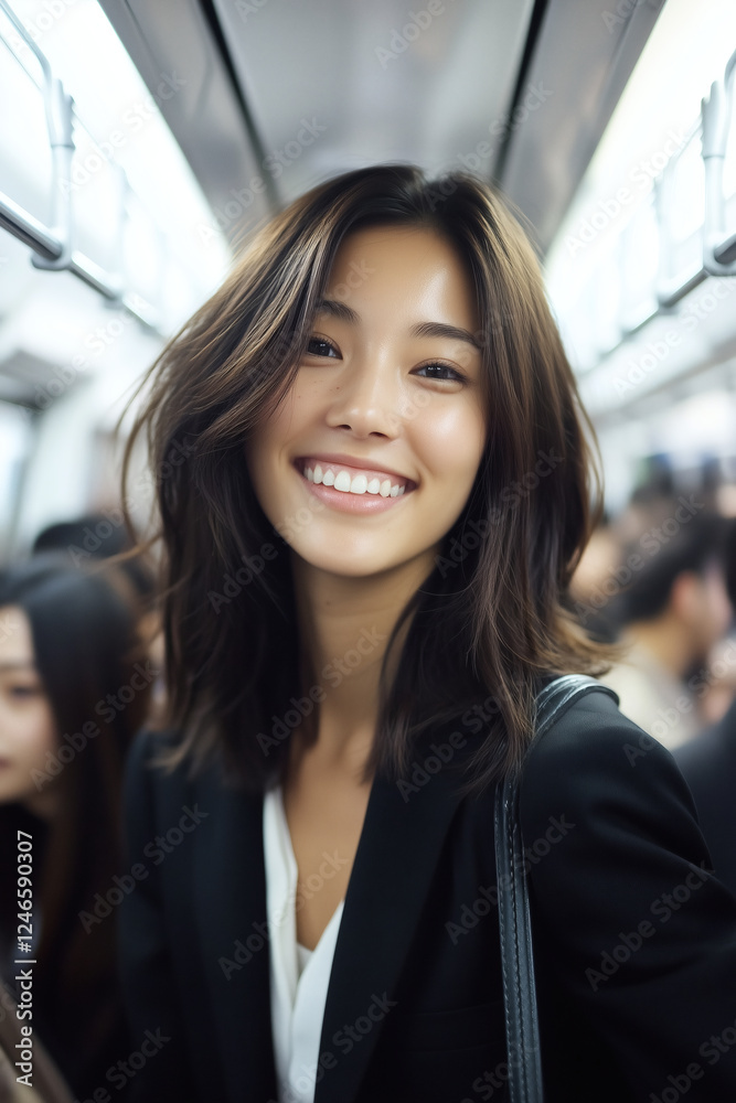 Smiling woman on public transportation Smiling woman on public transportation