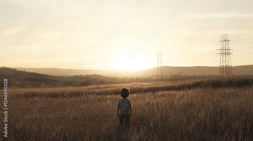 Child watching sunset over field, power lines background; travel, hope Child watching sunset over field, power lines background; travel, hope