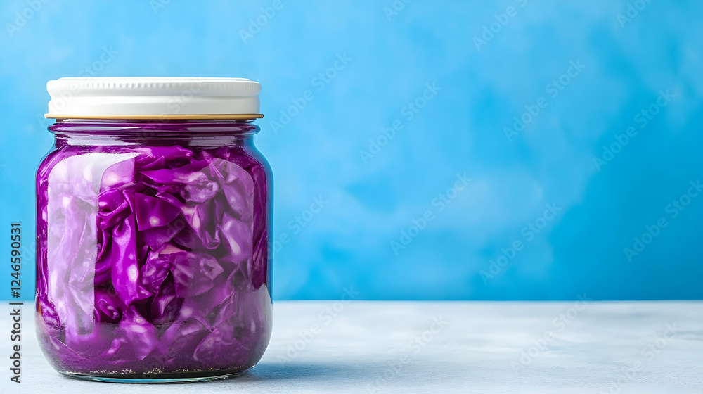 Preserved purple cabbage in a glass jar on a light table against a light blue background. Possible use for a healthy food blog, cookbook, or food-related social media post. Preserved purple cabbage in a glass jar on a light table against a light blue background. Possible use for a healthy food blog, cookbook, or food-related social media post.