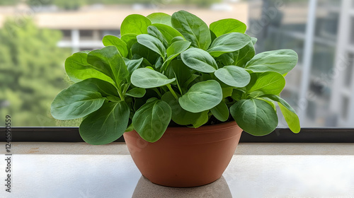 Potted leafy greens on a windowsill, city view in the background. Possible use Stock photo photo