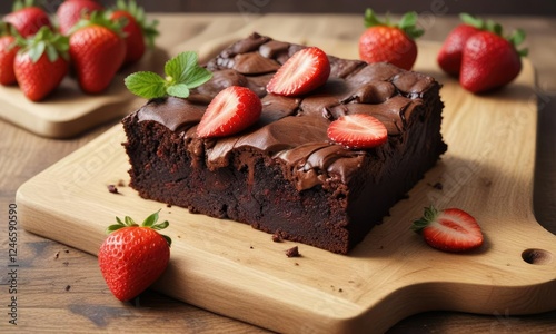 Soft-baked, chewy, and fudgy brownie on a wooden cutting board with a few fresh strawberries, refreshing combination , sweet, chewy photo