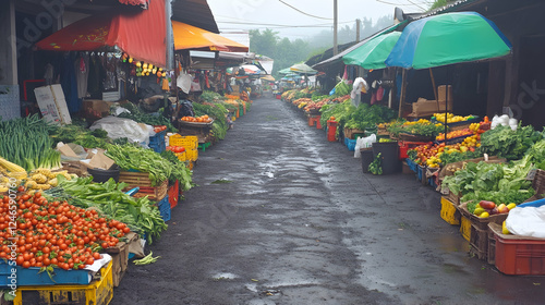 Rainy market stalls with fresh produce