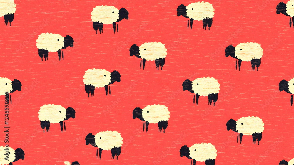 Fototapeta premium Soft sheep pattern on coral background with playful black-faced lambs scattered throughout design
