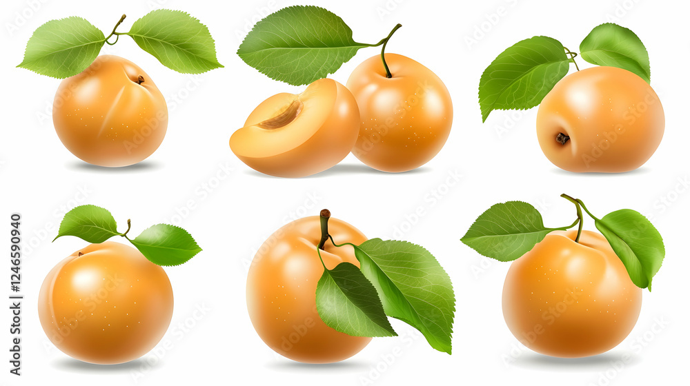Realistic illustration of ripe apricots with leaves, showcasing a variety of views for food illustration Realistic illustration of ripe apricots with leaves, showcasing a variety of views for food illustration