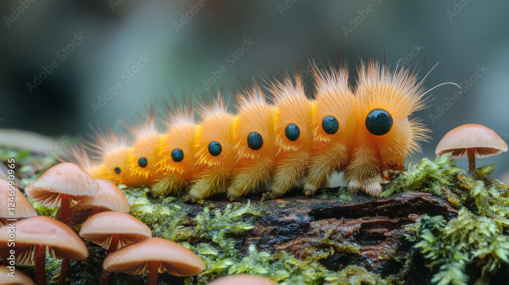 vibrant orange caterpillar with striking black dots crawls on mossy log surrounded by small mushrooms, showcasing nature intricate beauty and diversity