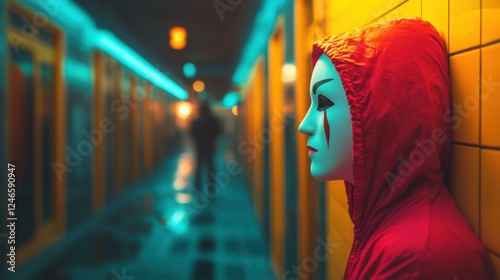 Person in red hoodie standing in hallway urban environment style photo