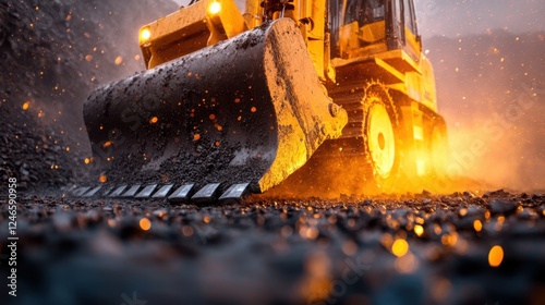 Construction machinery in motion, dust swirling, dramatic lighting, dynamic industrial energy.