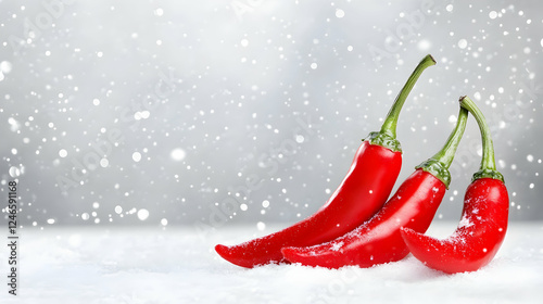 Red chili peppers on snow, winter background, food still life, culinary image photo