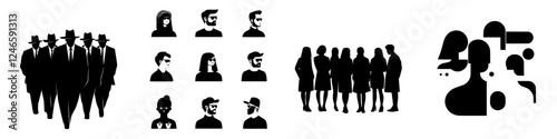 Silhouetted figures in suits and casual attire illustrating diverse social gatherings and interactions