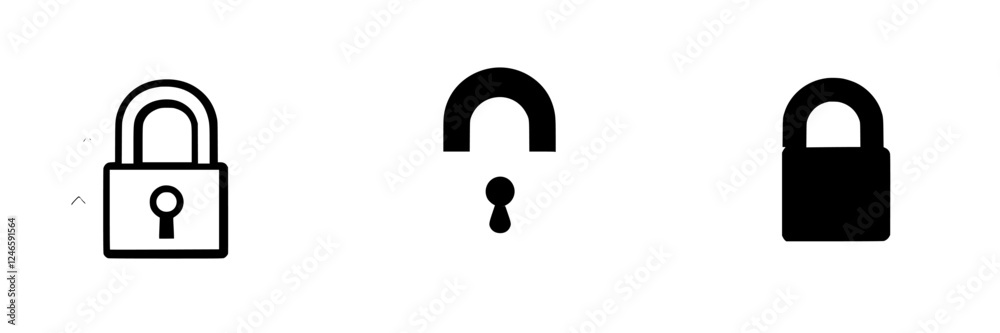 Various styles of padlocks with open and closed positions shown in a simple black and white design Various styles of padlocks with open and closed positions shown in a simple black and white design