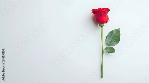Red rose on light background, still life, simple, elegant, for love, gift, or greeting card