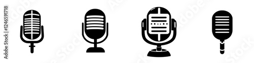 Various styles of microphones displayed with sleek designs for recording and broadcasting purposes