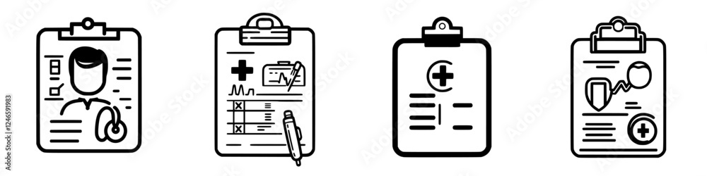 Health record documentation with various medical forms illustrated in black and white style Health record documentation with various medical forms illustrated in black and white style