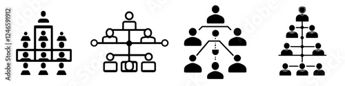 Visual representation of various organizational structures using simple black and white icons