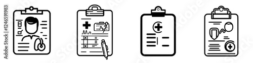 Health record documentation with various medical forms illustrated in black and white style