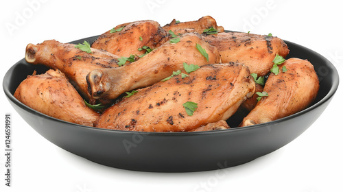 Roasted chicken drumsticks in black bowl on white background photo