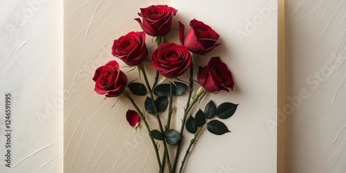 Red roses with white blank greeting card and free space for text in the center of the frame