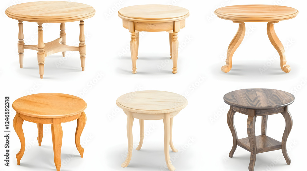 Round Wooden Tables, Different Styles, Isolated On White Background, for Interior Design Catalog, or Furniture Store Round Wooden Tables, Different Styles, Isolated On White Background, for Interior Design Catalog, or Furniture Store