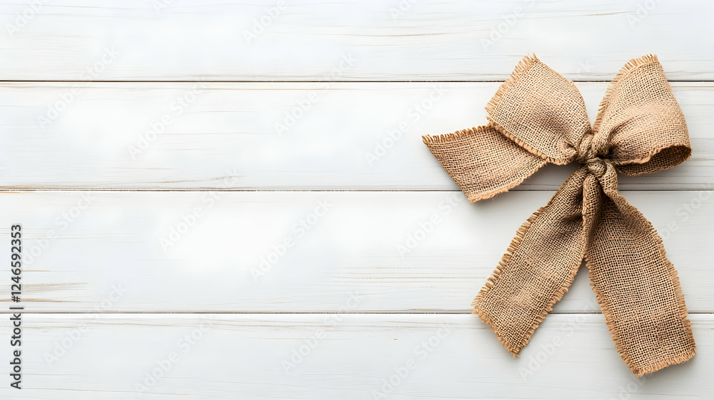 Rustic burlap ribbon bow on white wooden planks. Ideal for invitations, cards, or gifts Rustic burlap ribbon bow on white wooden planks. Ideal for invitations, cards, or gifts