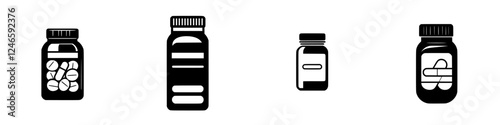Different types of medicine bottles displayed in a simple layout showcasing various shapes and sizes for health products