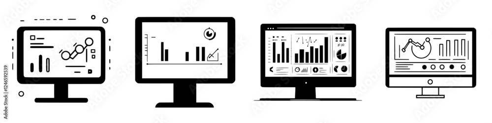 Business analytics dashboards display various charts and data visualizations in a digital workspace Business analytics dashboards display various charts and data visualizations in a digital workspace