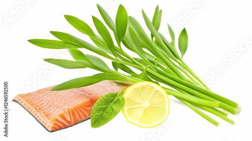 Salmon fillet with lemon and leeks, fresh ingredients, healthy food, isolated, appetizing photo