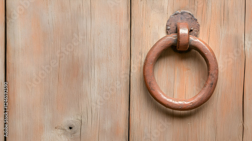 Rustic wooden door with antique metal ring handle photo