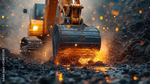 Construction machinery in motion, dust swirling, dramatic lighting, dynamic industrial energy.