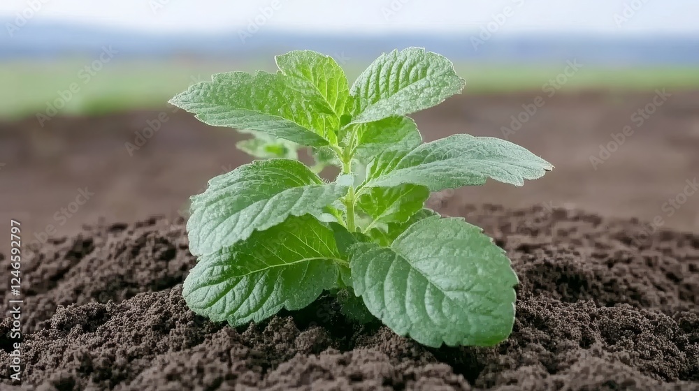 Young Mint Plant Growing in Rich Dark Soil Outdoors Young Mint Plant Growing in Rich Dark Soil Outdoors