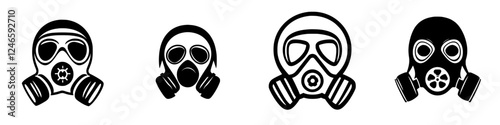Different styles of gas masks being displayed in a vector graphic illustration with a modern aesthetic