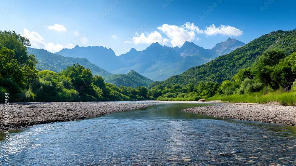 Scenic mountain river valley under a bright sky. Possible use Nature photography Scenic mountain river valley under a bright sky. Possible use Nature photography