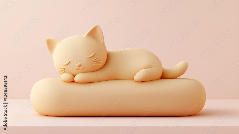 Cute Cartoon Cat Sleeping on a Soft Couch in 3D Style, Side View, Warm Tones and Minimalist Design Cute Cartoon Cat Sleeping on a Soft Couch in 3D Style, Side View, Warm Tones and Minimalist Design