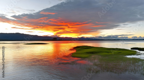 Serene lake reflects sunset. Ripples shimmer near grassy islet. Mountains fade into horizon under dramatic sky. Use for travel, nature