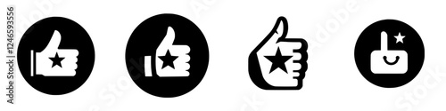 Various designs of thumbs up symbols featuring stars on a black background in a minimalist style