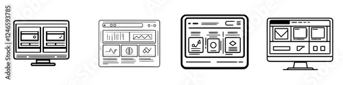 Digital screens display various website layouts and data visualizations in a modern workspace setting