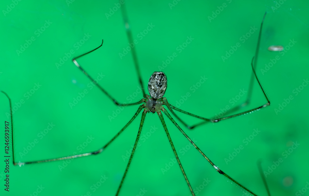 Close-Up of an Intricate Spider in Its Web Against a Green Background Close-Up of an Intricate Spider in Its Web Against a Green Background