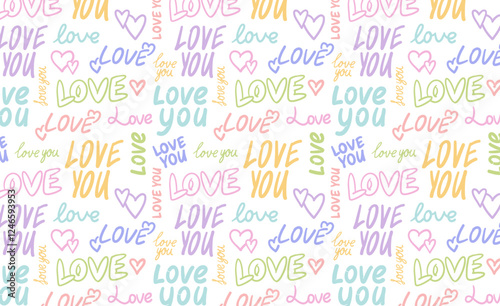 Love you pattern. Seamless pattern with love you phrases. Valentine's day background. Love typographic hand drawn pattern. Love, wedding background