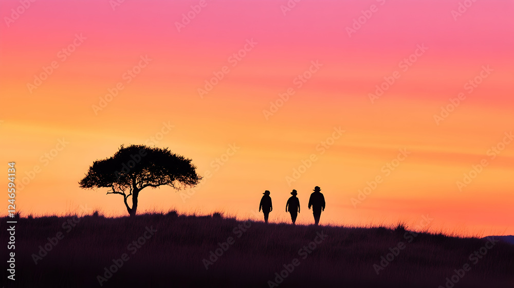 Silhouettes of three people walking at sunrise on a grassy hill. Possible use Stock photo for travel, nature, and outdoor activities Silhouettes of three people walking at sunrise on a grassy hill. Possible use Stock photo for travel, nature, and outdoor activities