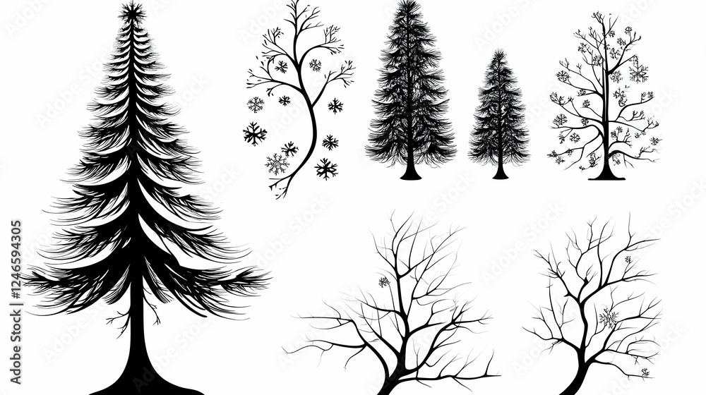 Obraz premium Silhouettes of various winter trees; design elements; graphic resource for holiday or winter themes