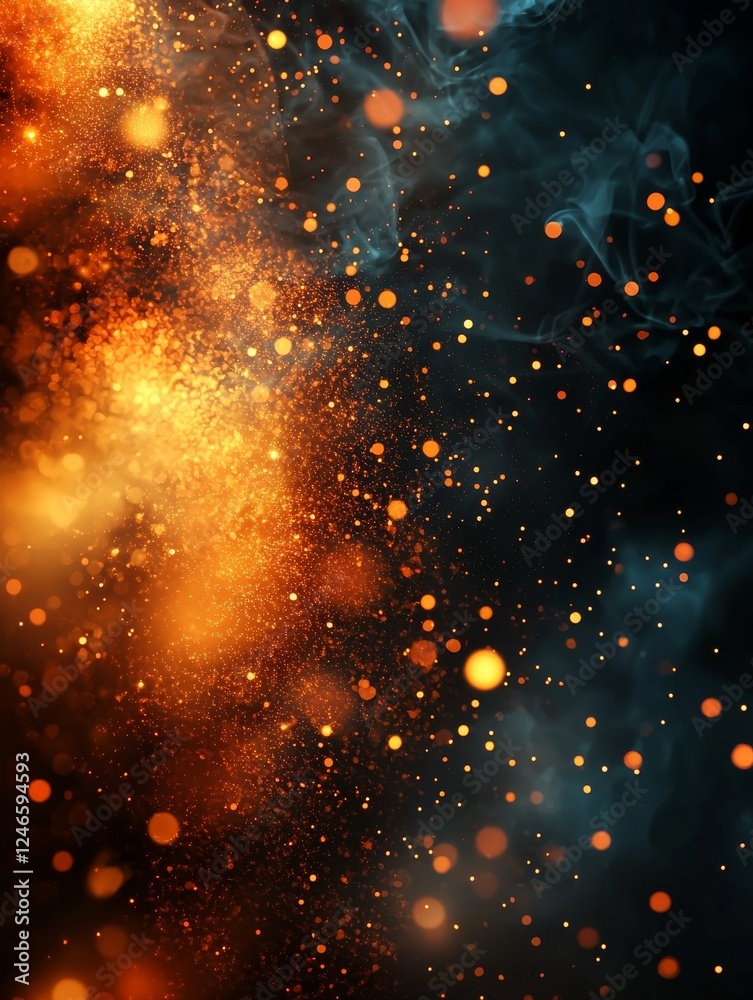 Fototapeta premium A mesmerizing blend of orange and blue particles creating a vibrant, cosmic atmosphere filled with glowing specks and swirling elements.