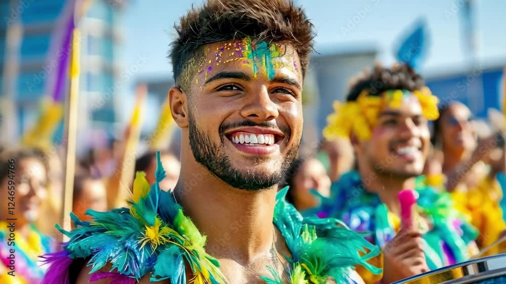 Young hispanic man smiling at colorful carnival parade with drummer. Happy Mardi Gras