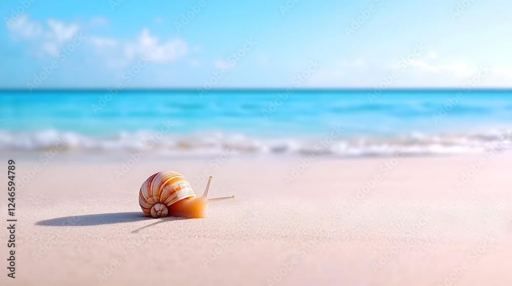 Obraz premium Snail on beach, calm ocean, summer day, tranquil scene. Possible use Stock photo for travel, nature, or relaxation