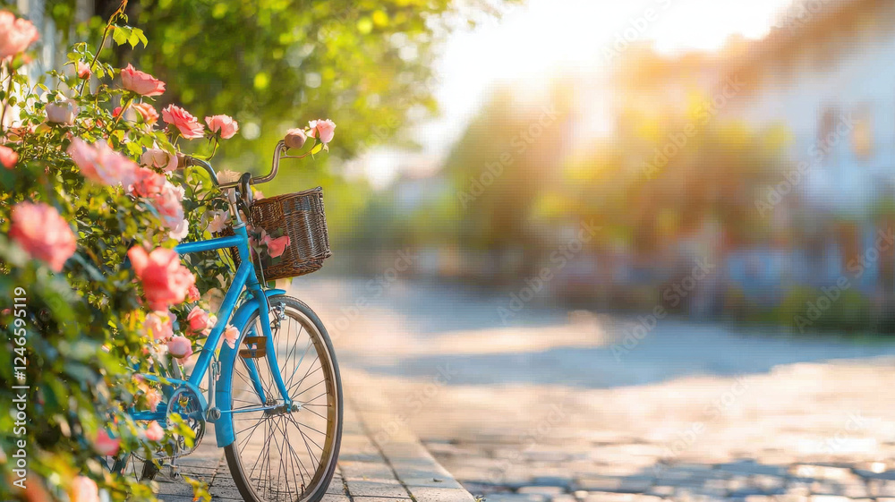 Fototapeta premium vintage bicycle surrounded by blooming flowers in sunny garden
