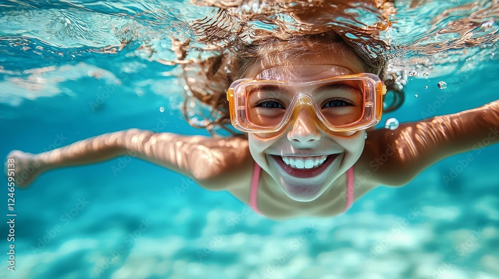 Naklejka premium A joyful child swims underwater, wearing bright goggles and smiling, surrounded by clear blue water.
