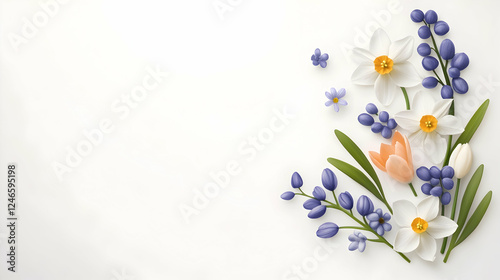 Spring flowers arranged on white background, aesthetic floral display, perfect for prints or web design photo