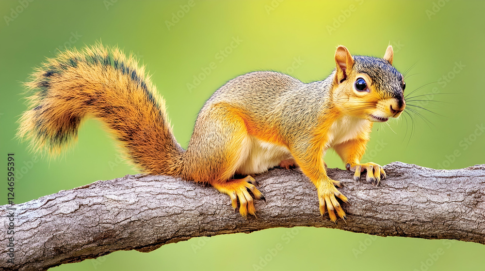 Squirrel on branch, nature background, wildlife portrait, outdoor scene, perfect for nature, animal, conservation, or education use