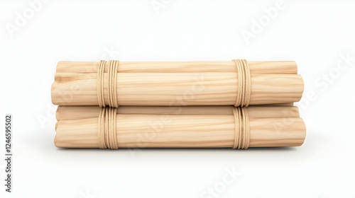 Stack of bundled light-colored wooden logs on white background. Use Stock photography for nature, craft, or design projects photo